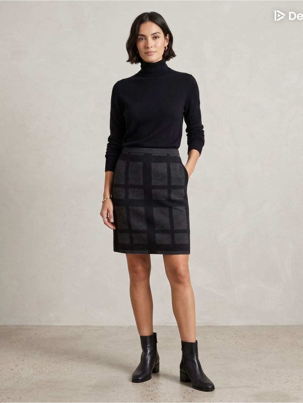 Eileen Fisher Wool Plaid Skirt Charcoal Grey Black Quiet Luxury Size Small